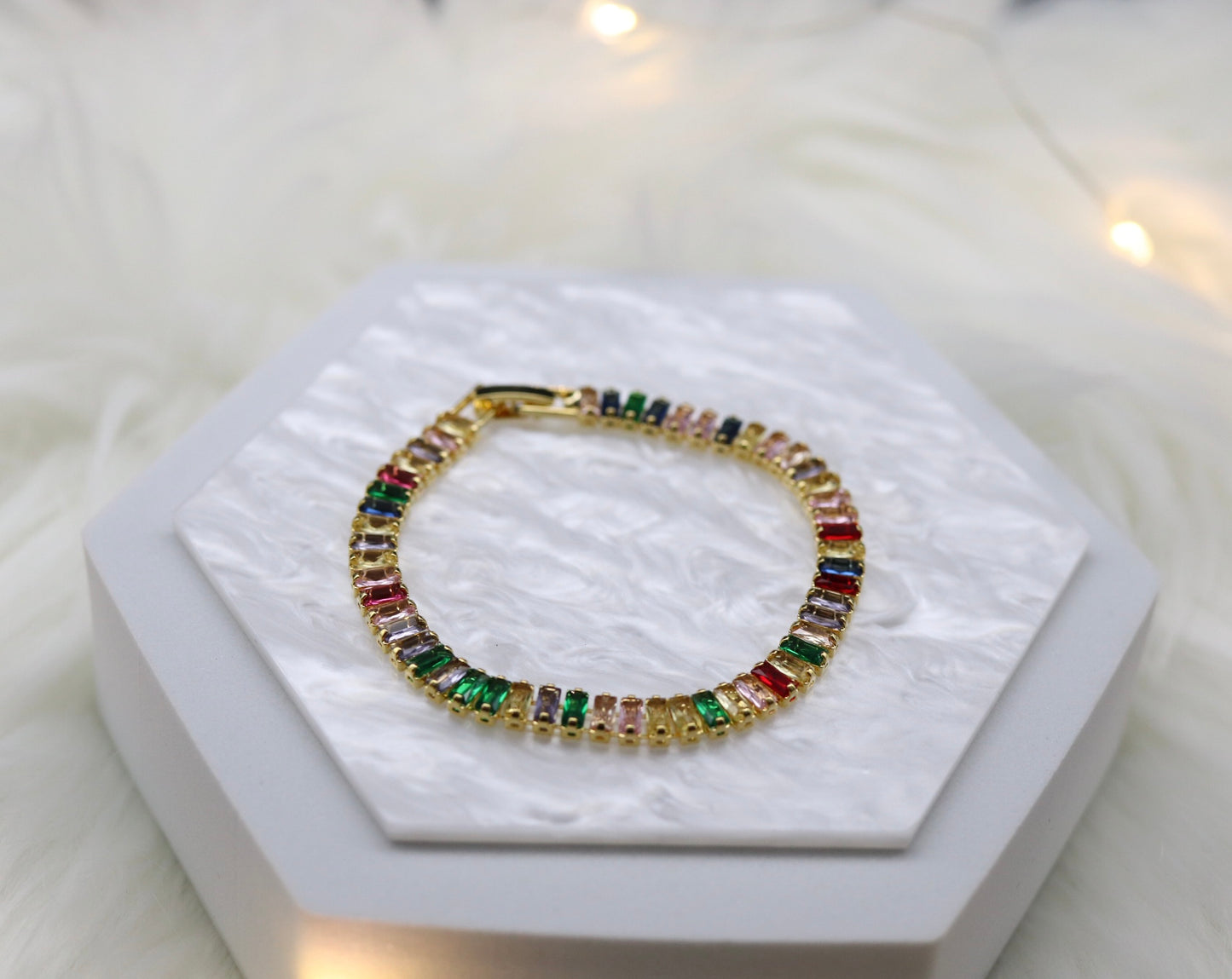 Rainbow Colored Baguette Tennis Bracelet