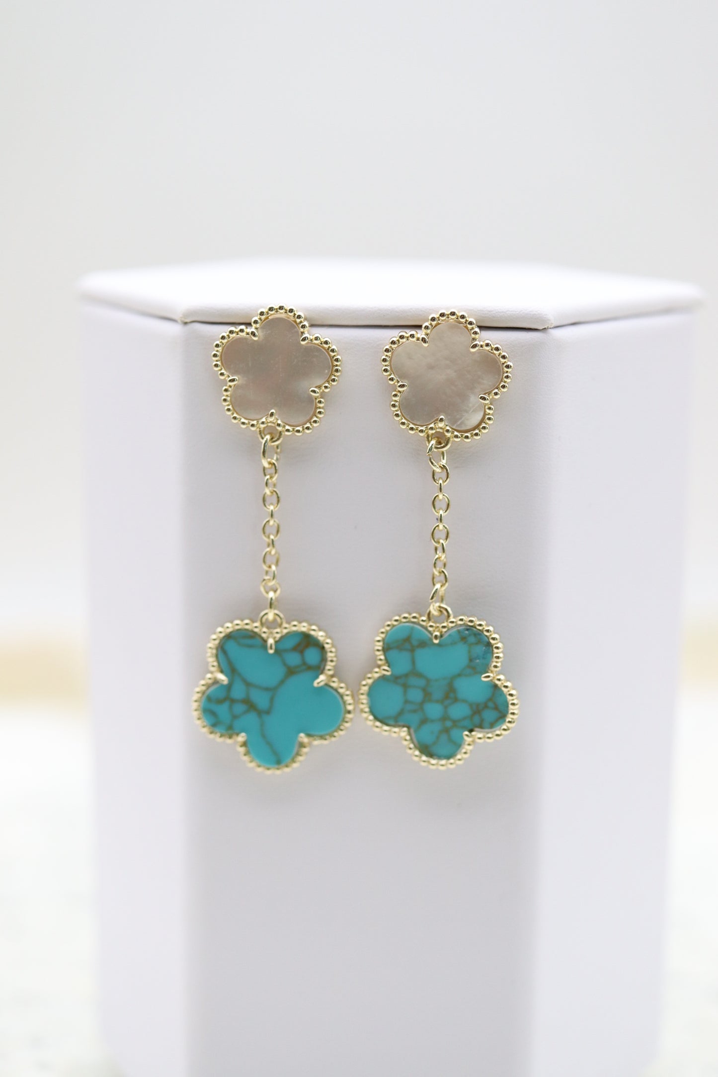 Gold Plated Mother of Pearl and Turquoise Five Leaf Flower Petal Pendant Earrings