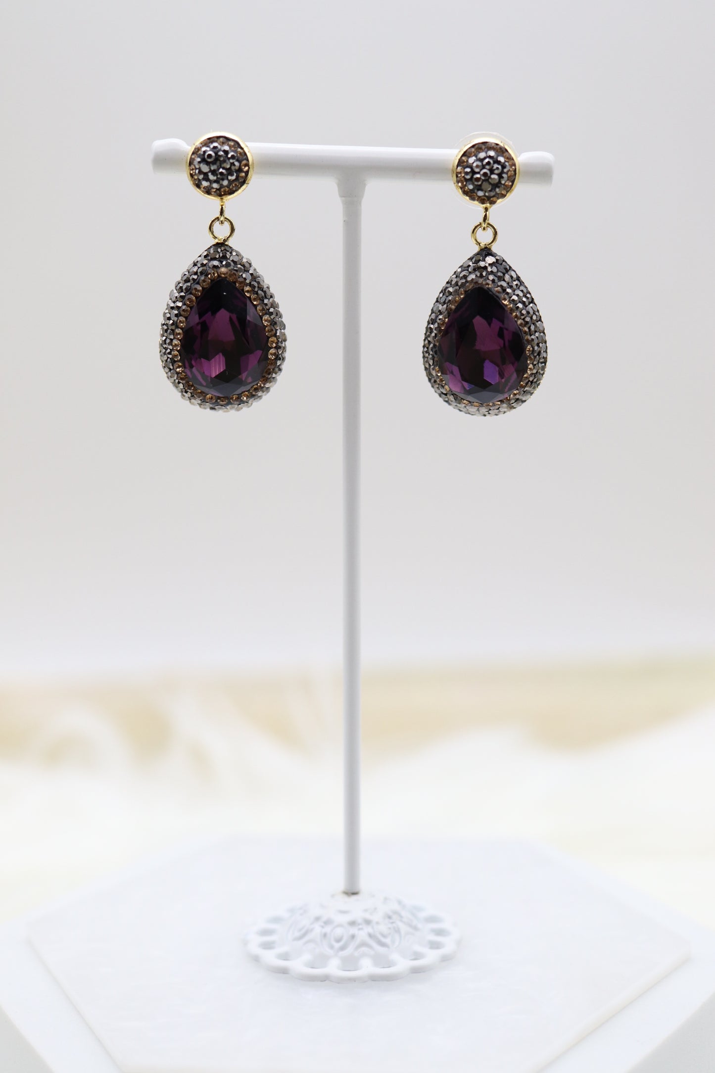 Dark Amethyst Druzy Teardrop Pendant Necklace and Earring Set