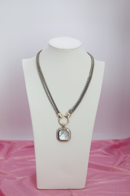 Double Layered Silver Rope Necklace With Pearl Square Pendant