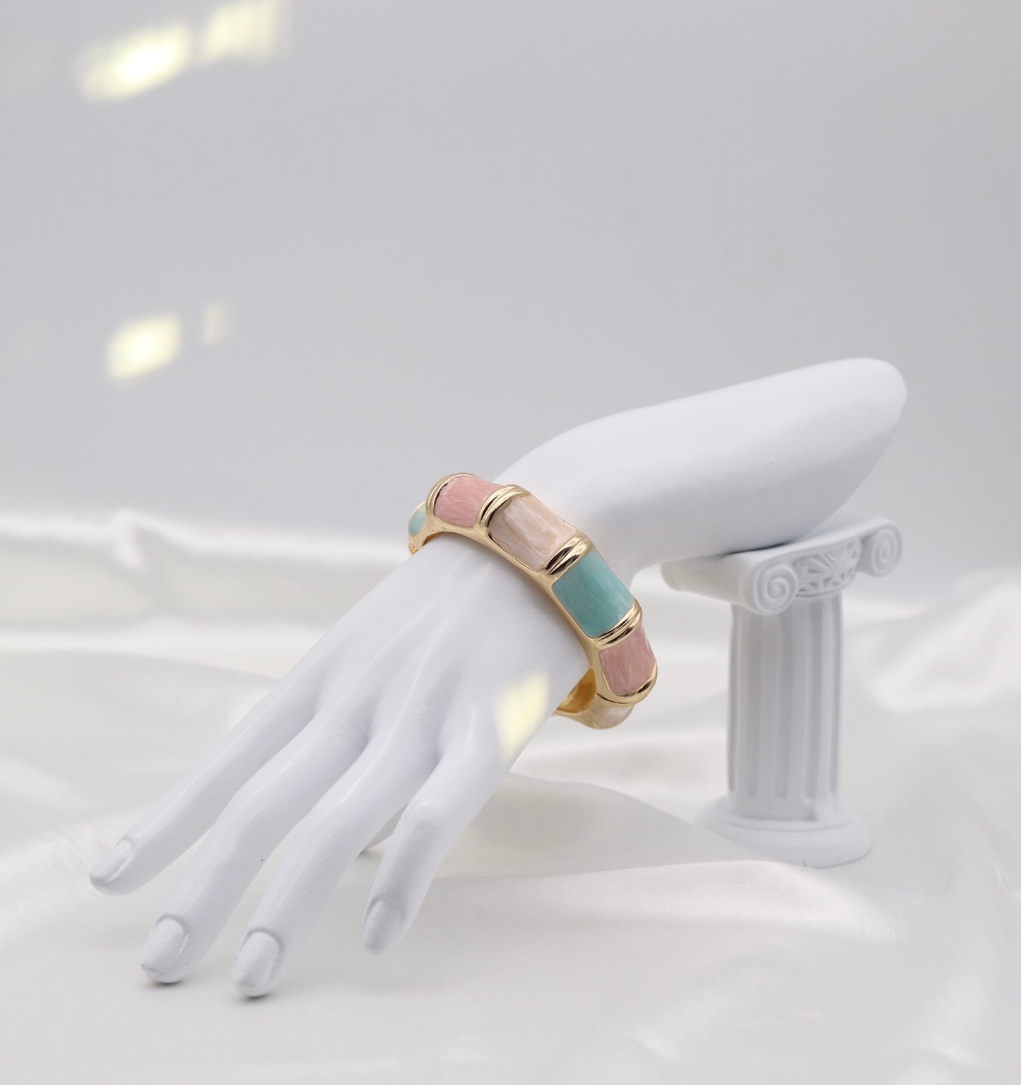 Gold Pastel Multi-Color Enamel Hinged Bangle Bracelet