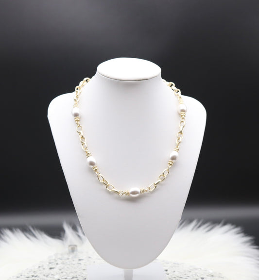 16 inch - Gold Matted Chain Necklace With Pearl Stations