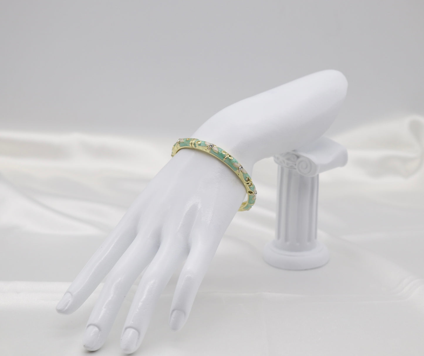Thin Light Green With CZ Station Enamel Hinged Bangle Bracelet