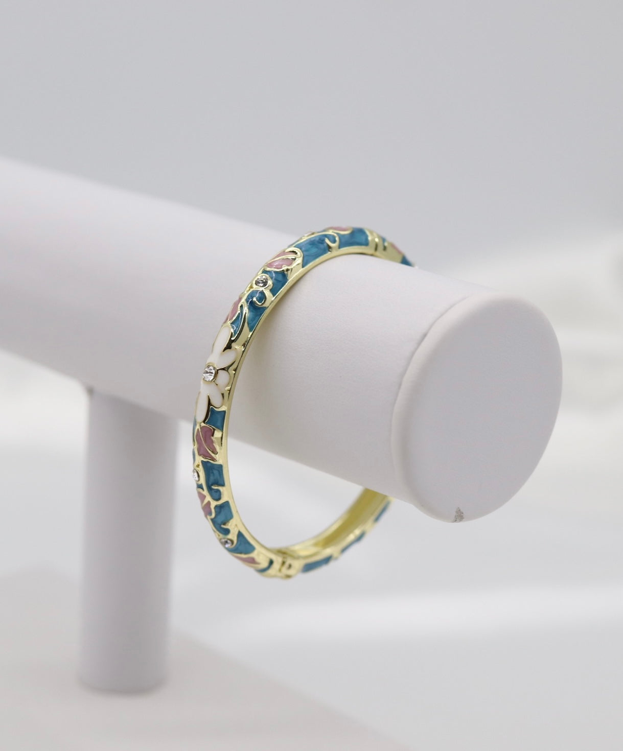 Thin Blue With CZ Station Enamel Hinged Bangle Bracelet