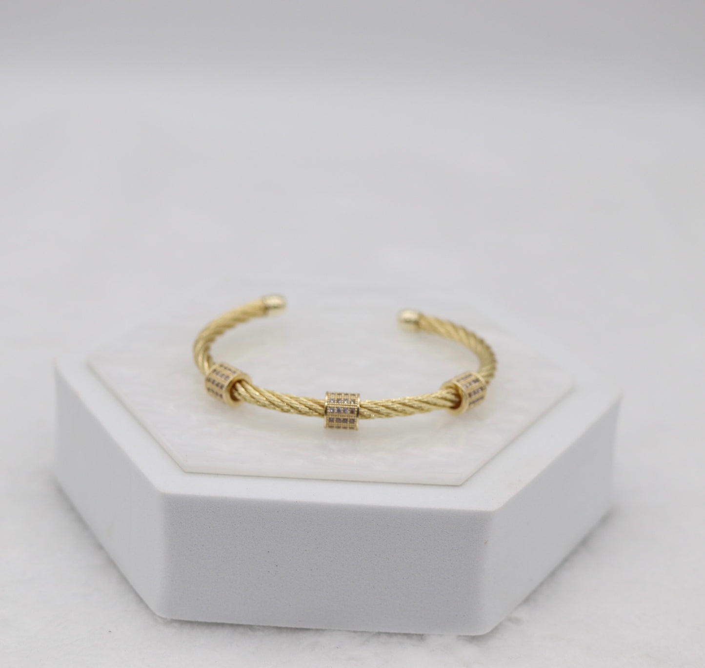 Gold Cable Cuff Bracelet with Pave Crystal Barrel Accents