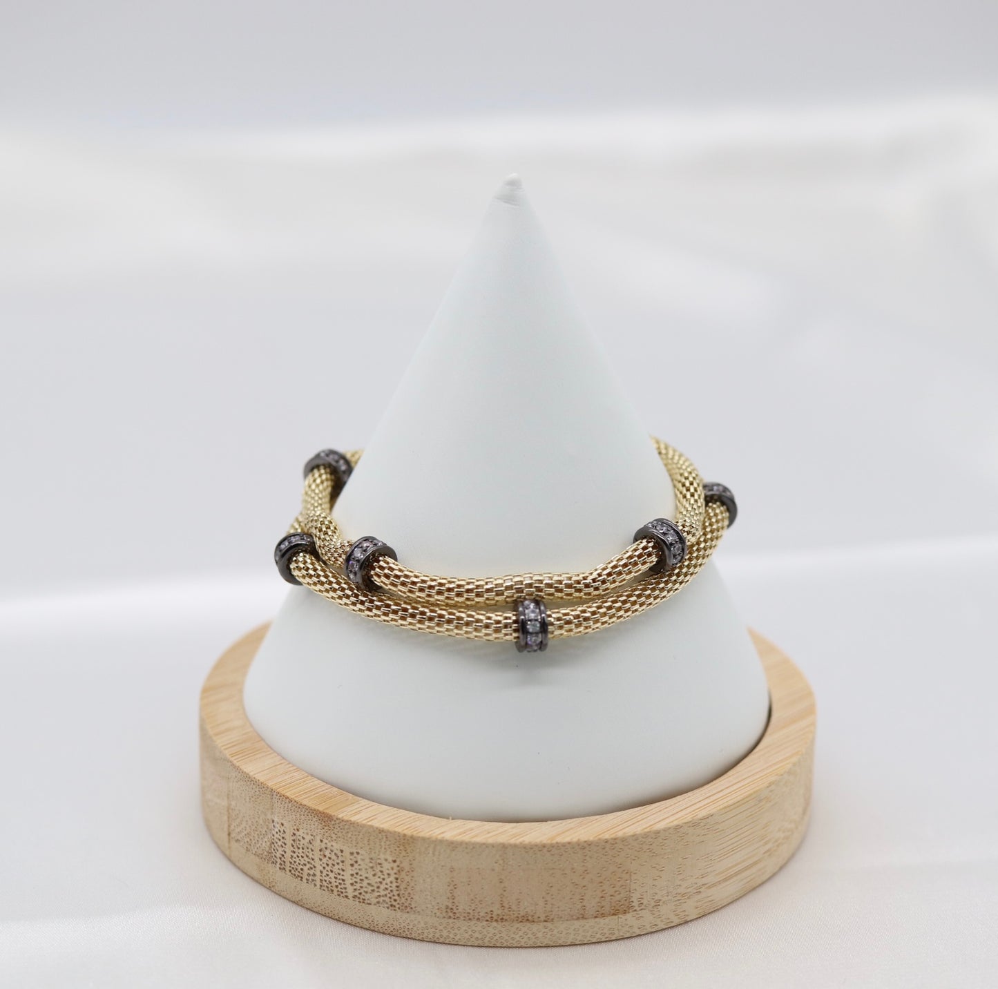 Gold Mesh-Chain Bracelet with Round Black Trim CZ Stations