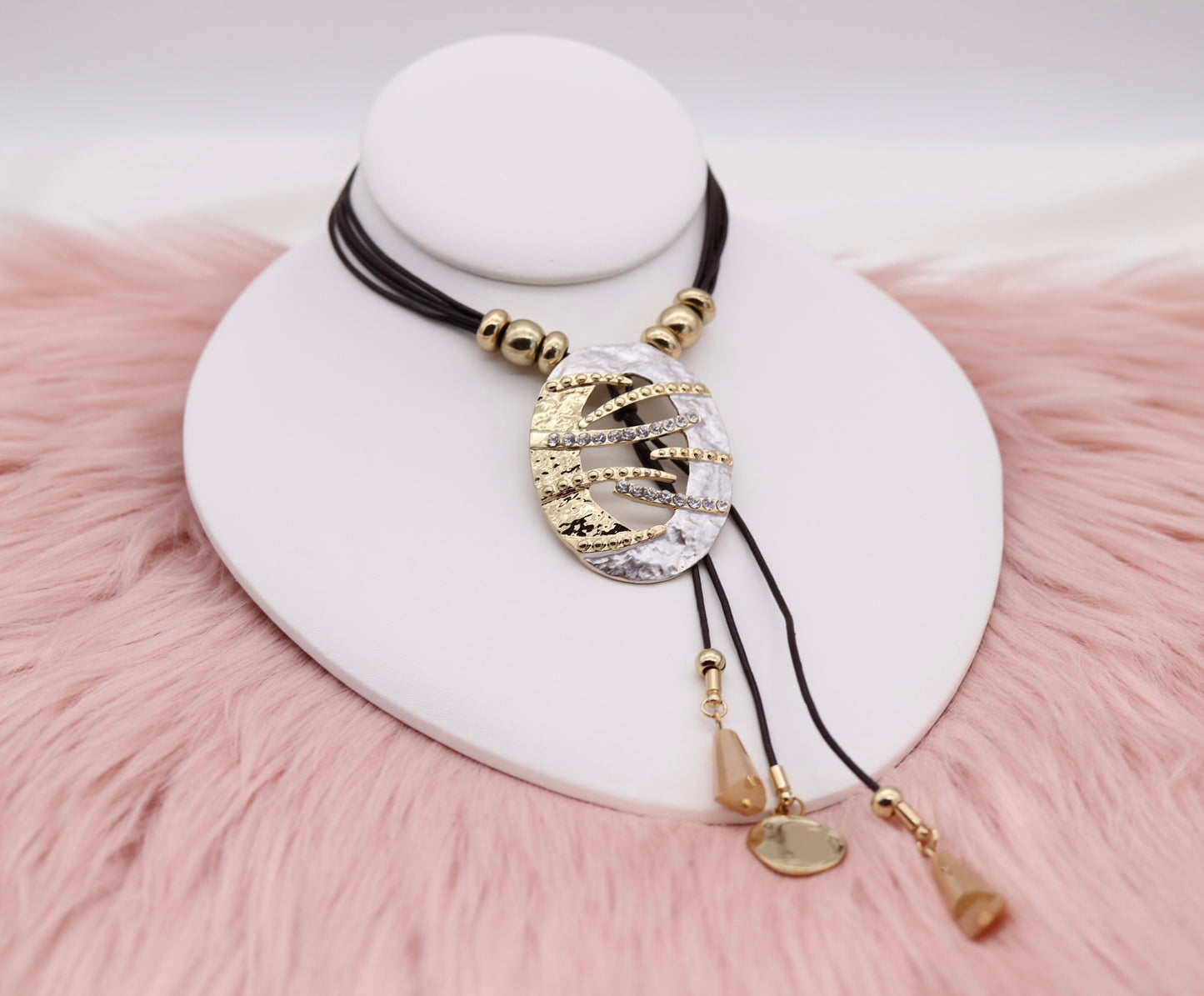 Metallic Gold and Silver Pendant With Dangling Stones and Multi Black Rope Necklace