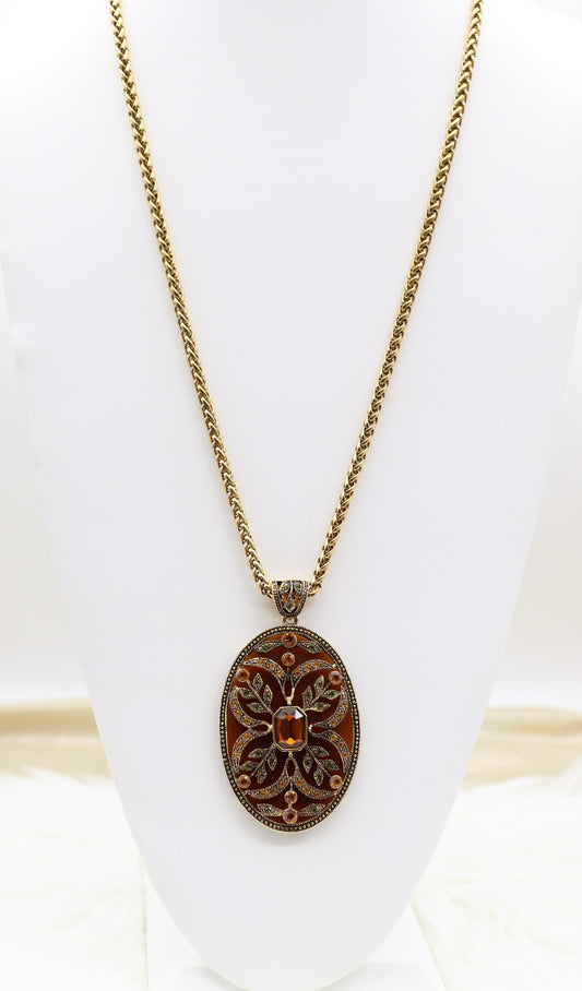 Enameled Renaissance Style With Fine Light Brown CZ Pendant Oval Necklace With Matching Clip On Earrings