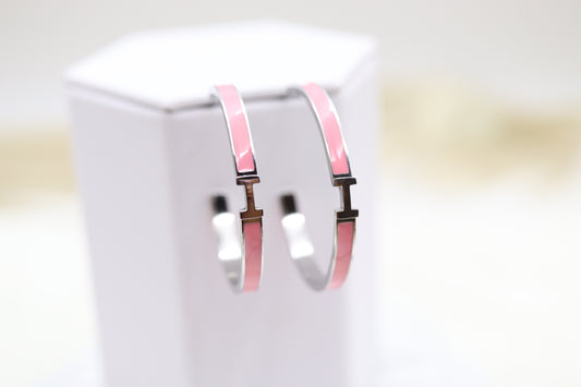 Pink Luxury H Hoop Silver Earrings