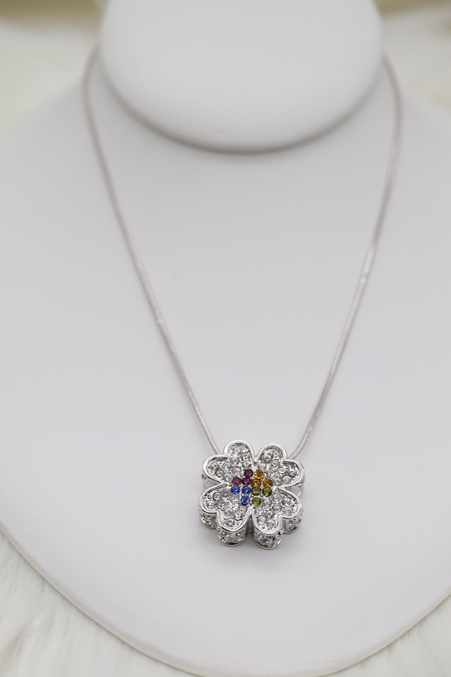 CZ Pave with Multi-Color CZ Center Pendant Silver Necklace