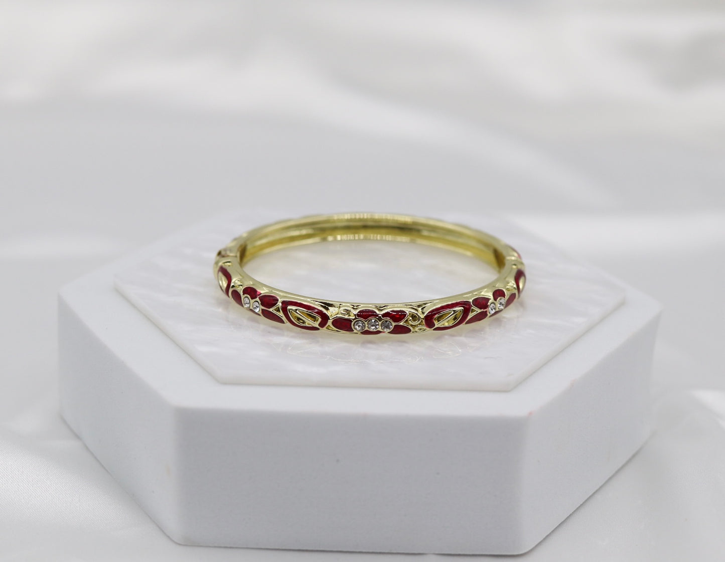 Thin Burgundy With CZ Station Enamel Hinged Bangle Bracelet
