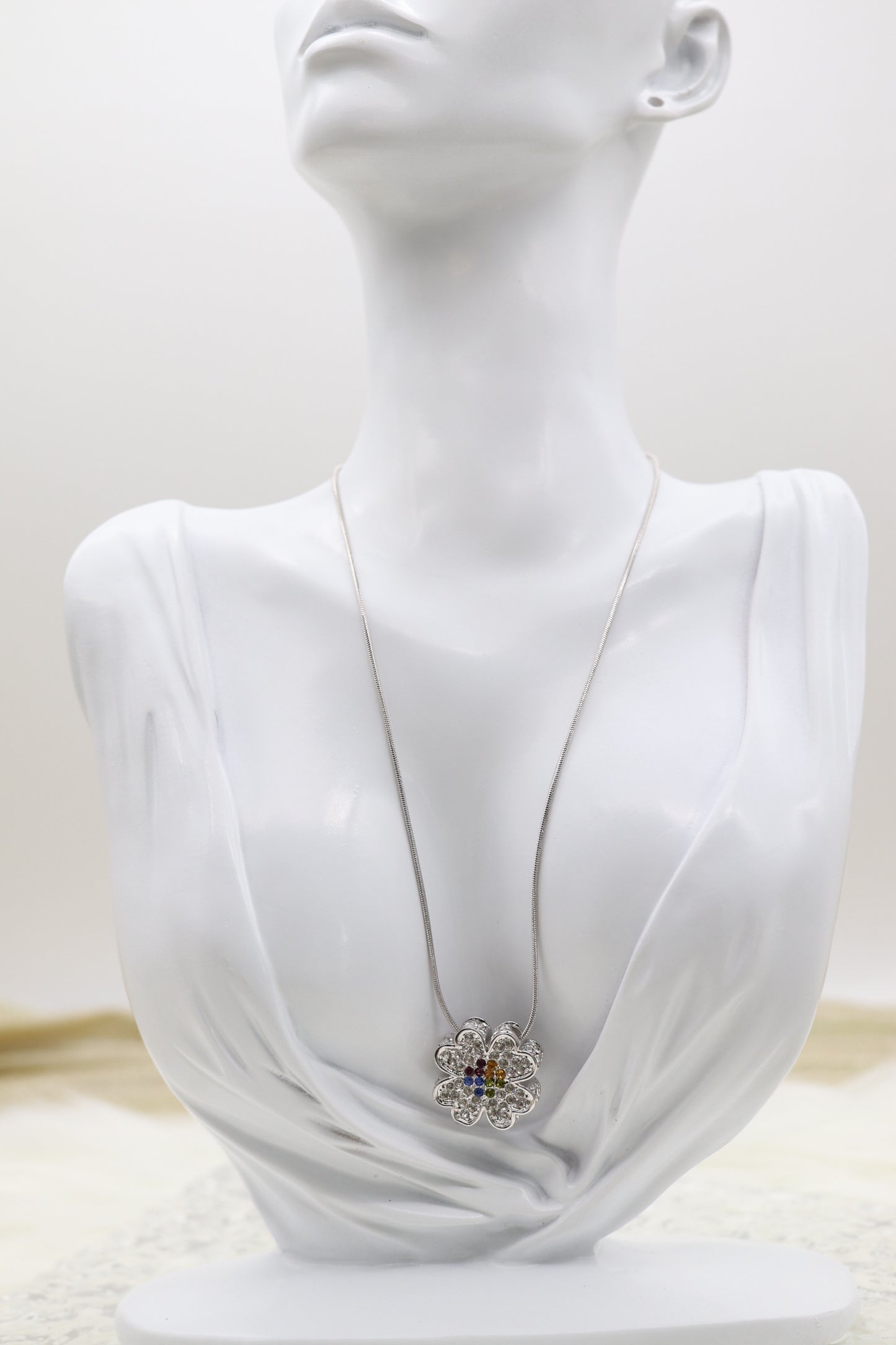 CZ Pave with Multi-Color CZ Center Pendant Silver Necklace