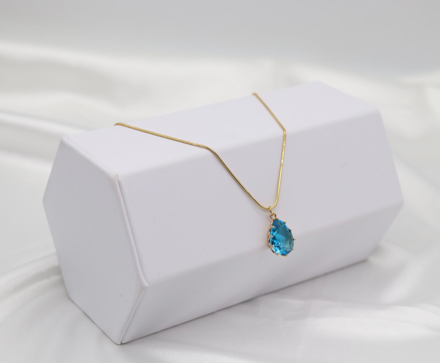 Gold Snake Chain w/Aquamarine Teardrop Necklace