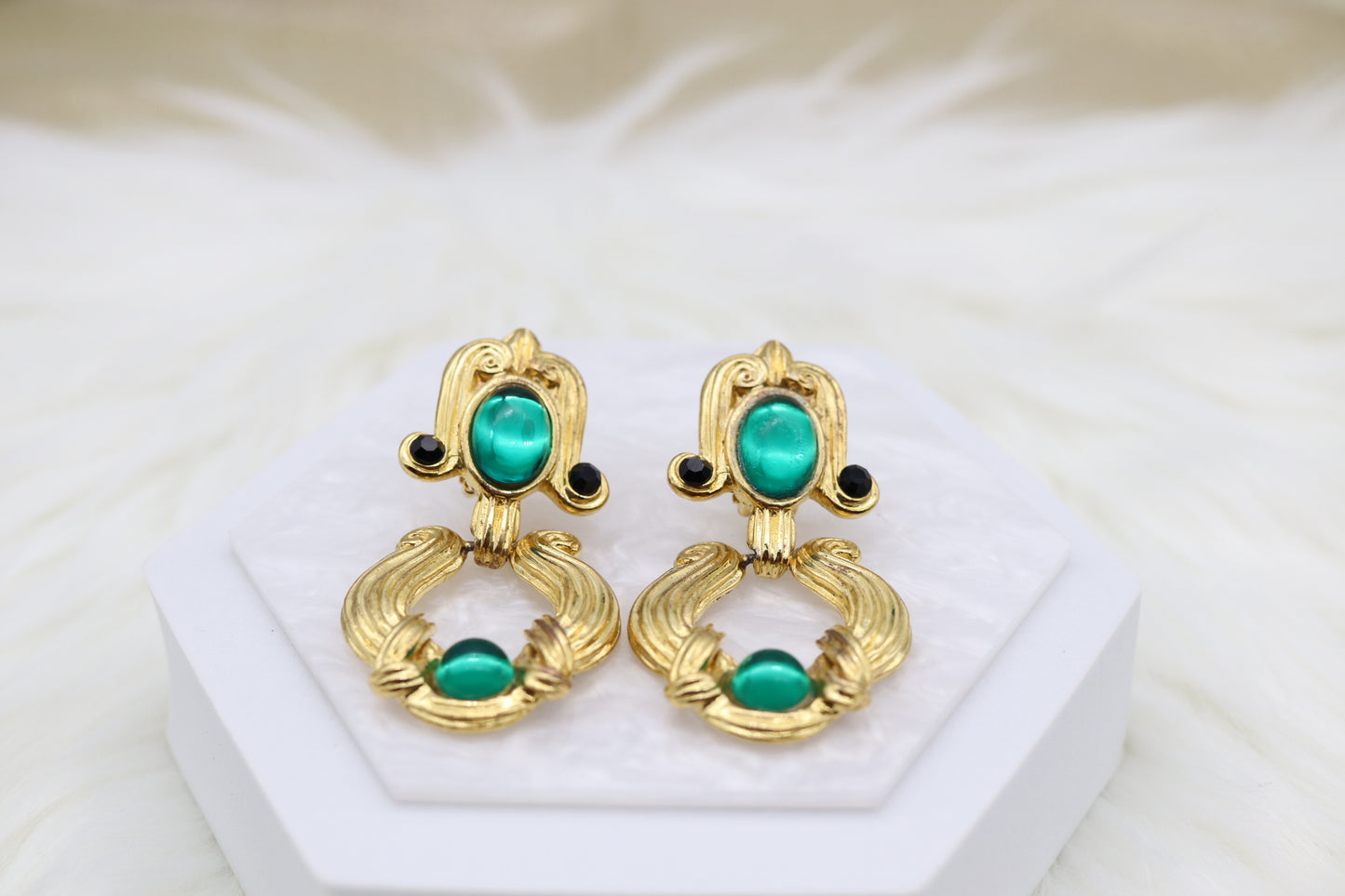 Matte Gold Dangling Clip-On Earrings with Multi-Colored Stones