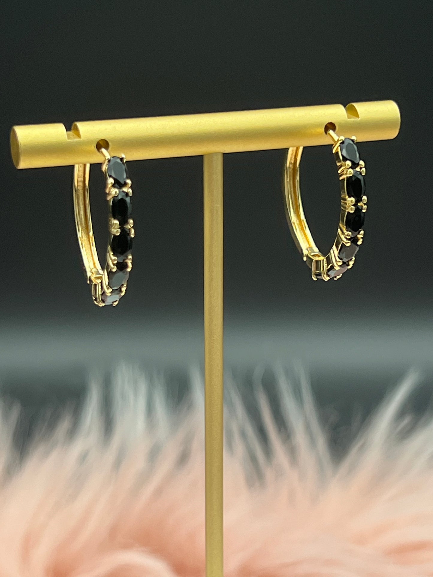 Black Stones Hinged Hoop Earrings