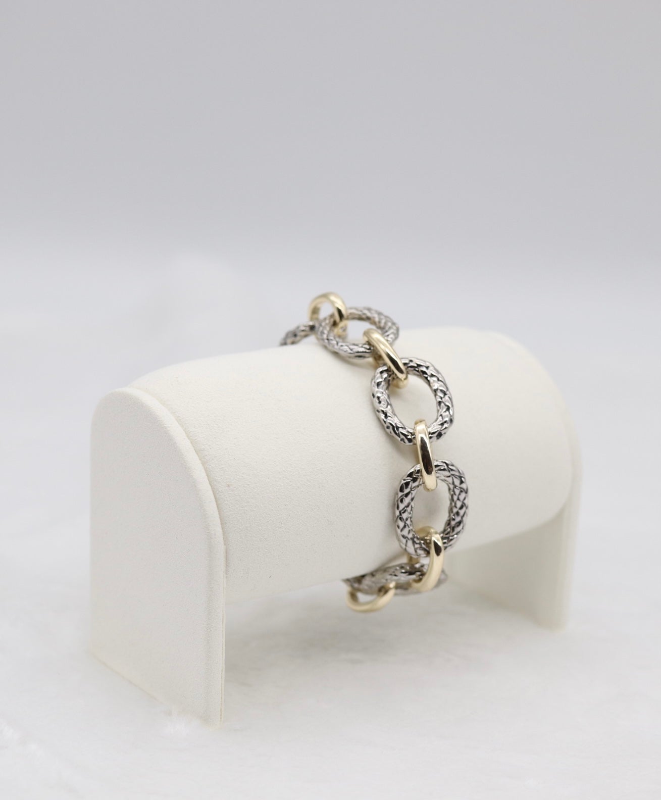 Textured Silver and Gold Link Bracelet with Crystal Accents