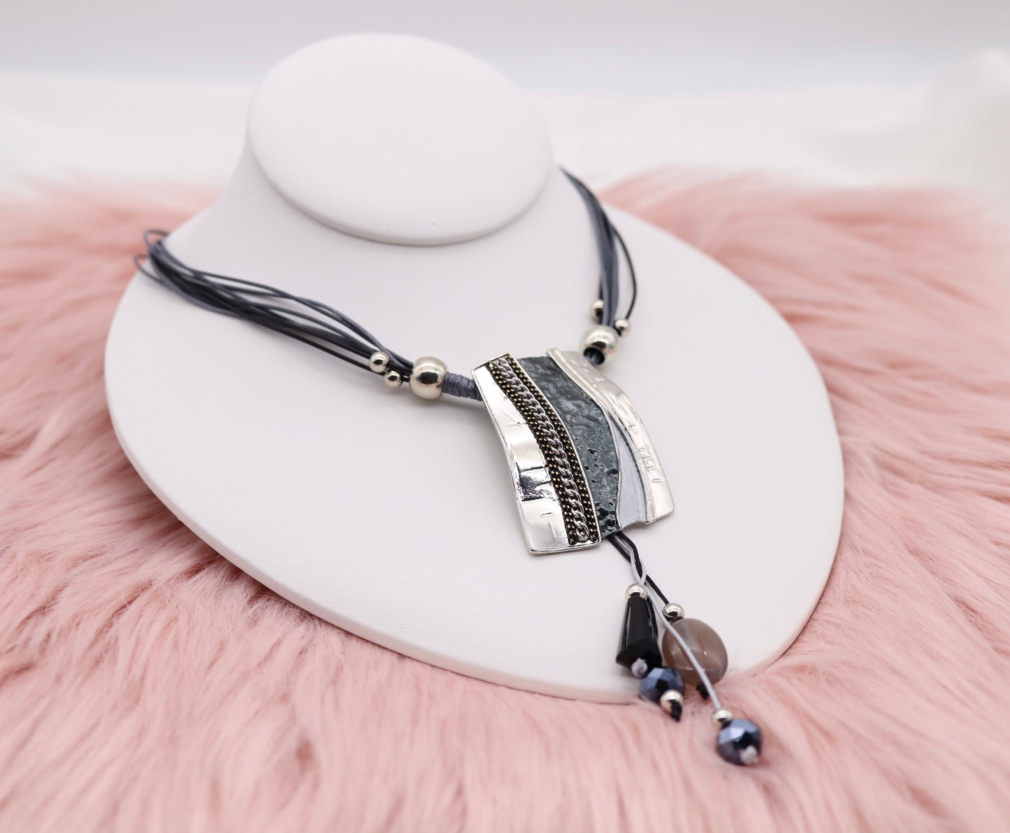 Silver and Black Metal Pendant With Dangling Stones, Multi Black and Silver Rope Necklace