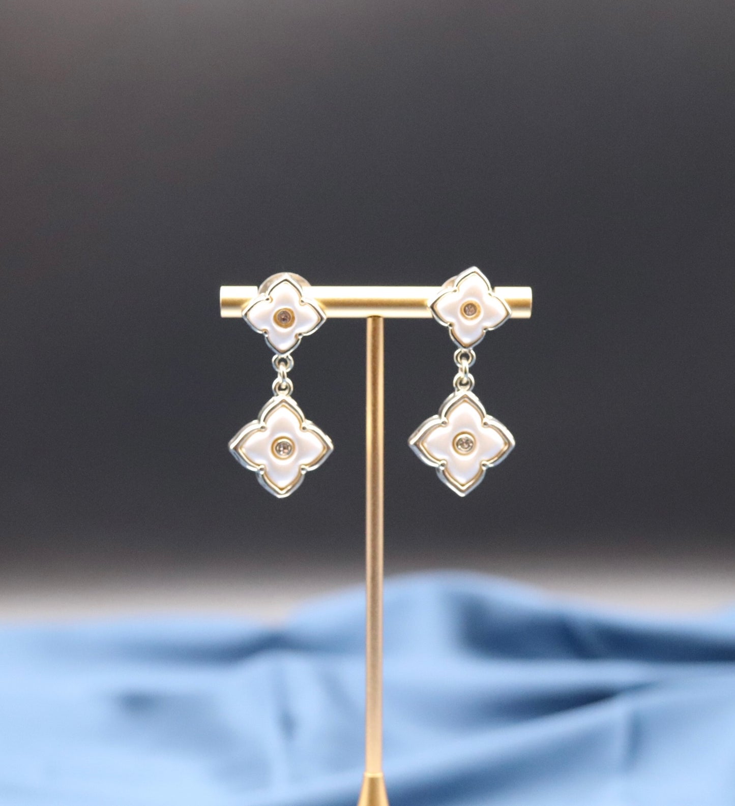 Dangling Gold Pearl Clover Earrings