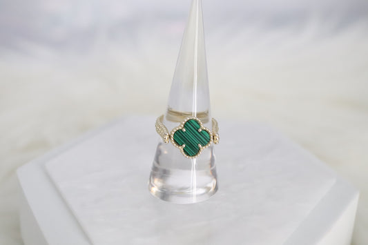 Dark Teak Green Clover Gold Reversible Ring - Size 8