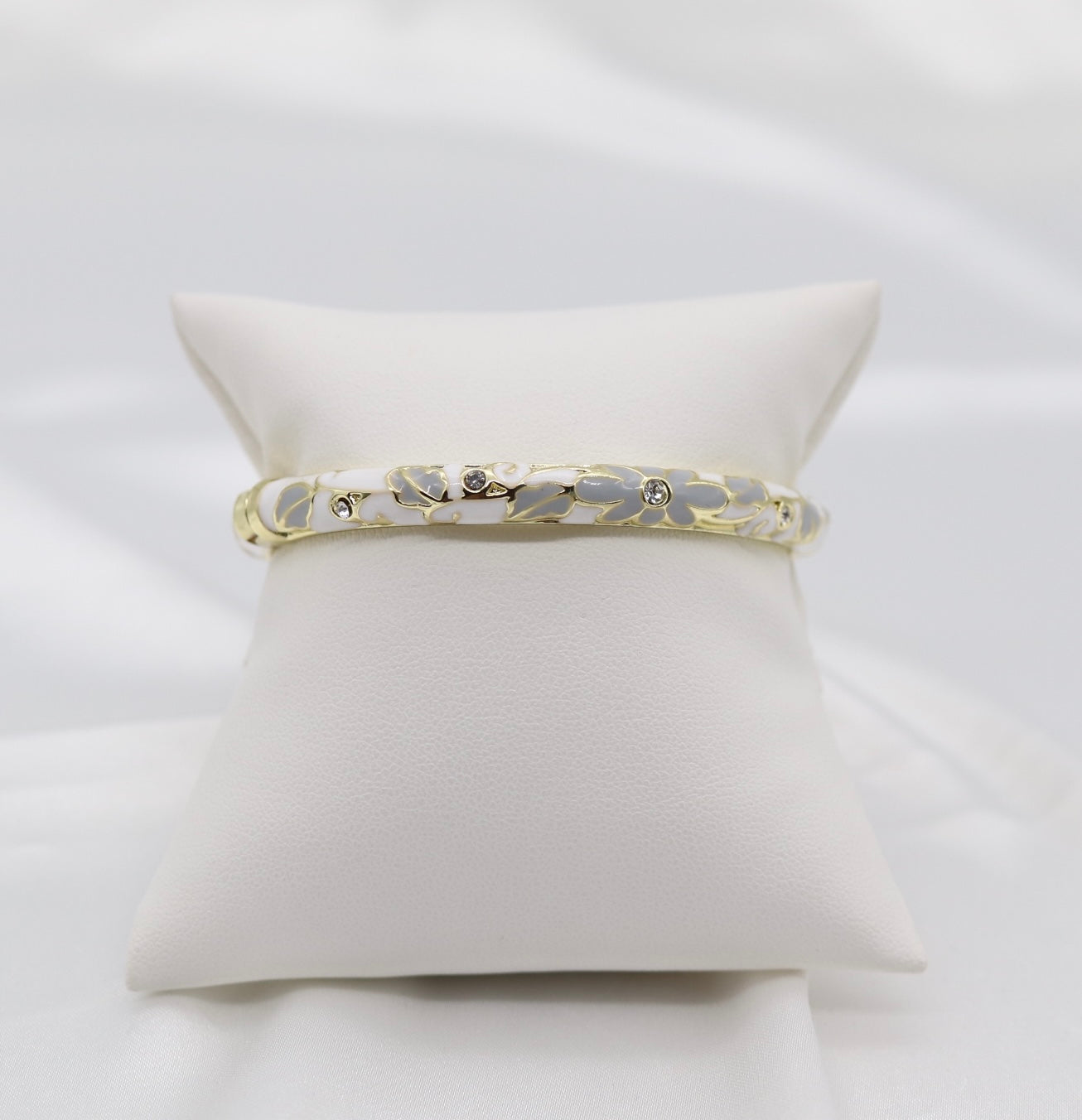 Thin White and Grey With CZ Station Enamel Hinged Bangle Bracelet