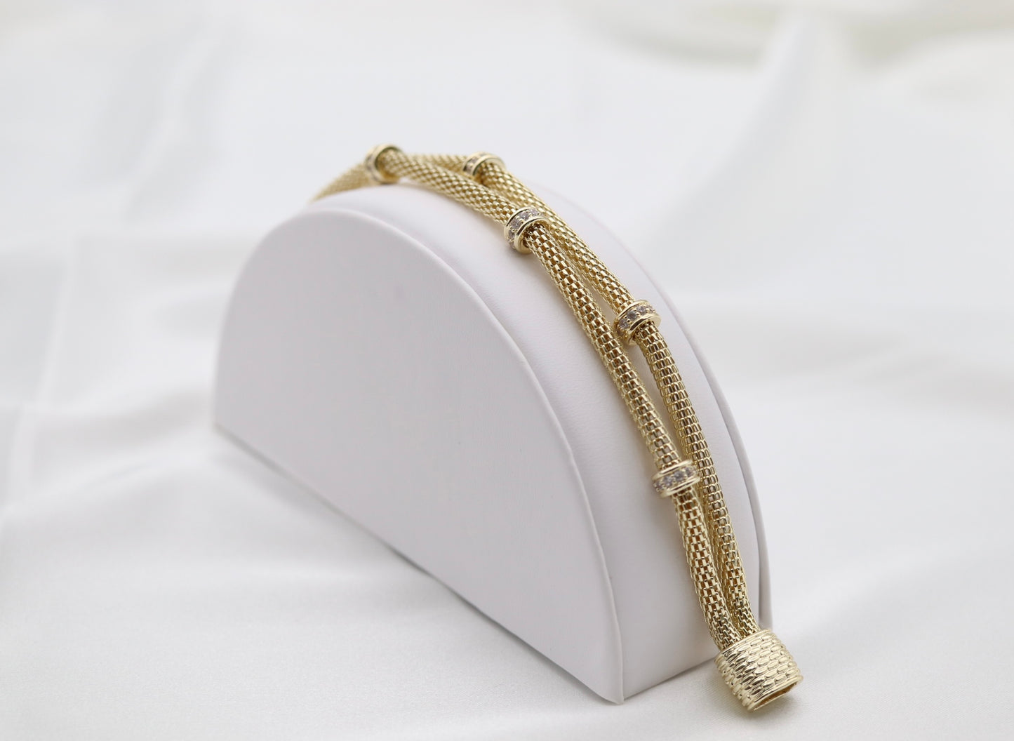 Gold Mesh-Chain Bracelet with Round CZ Stations