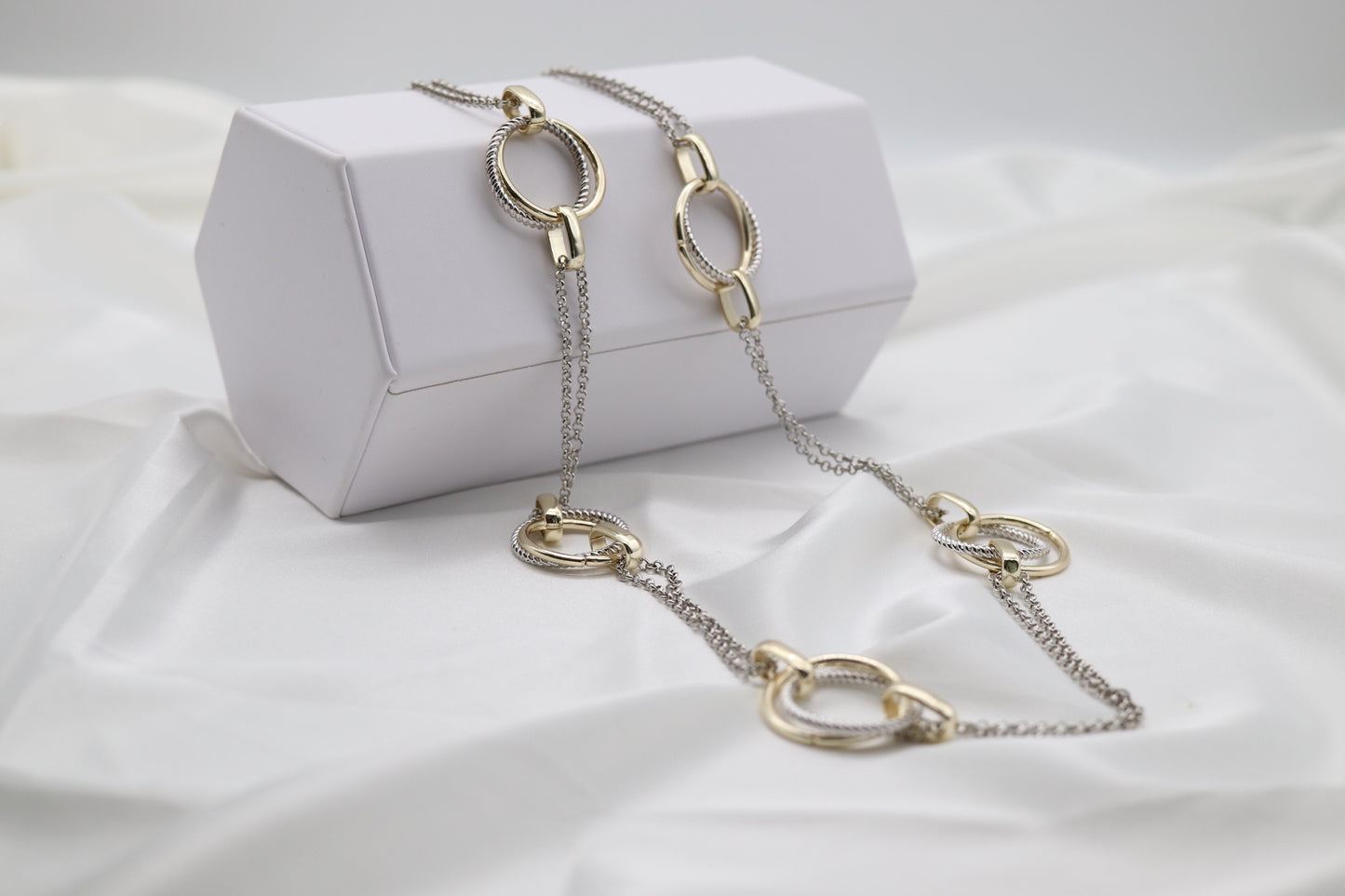 Gold & Silver Cable Floating Dig Circle Double Belcher Necklace