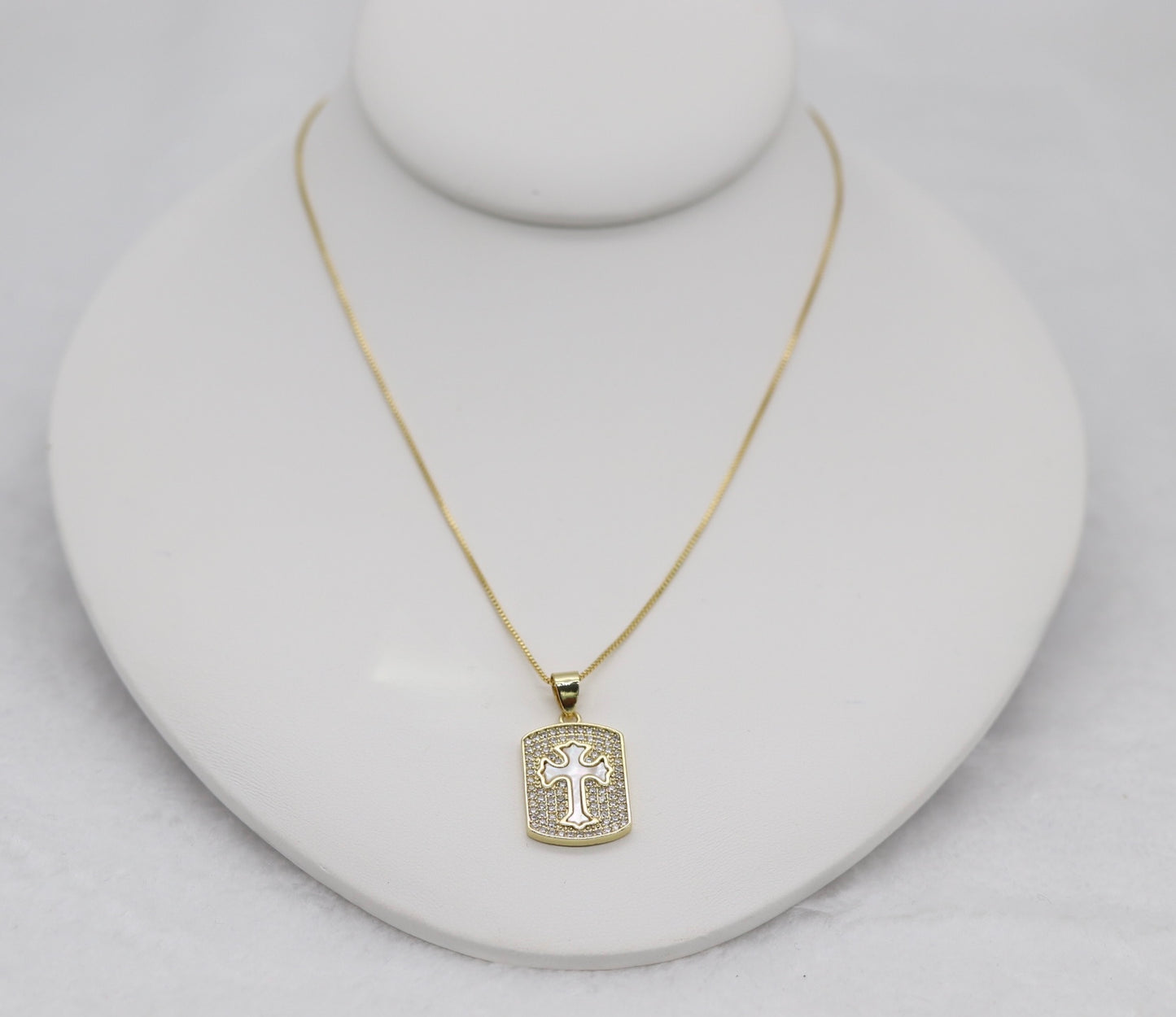 Gold Cross Pendant Necklace – Crystal Pavé Dog Tag Design