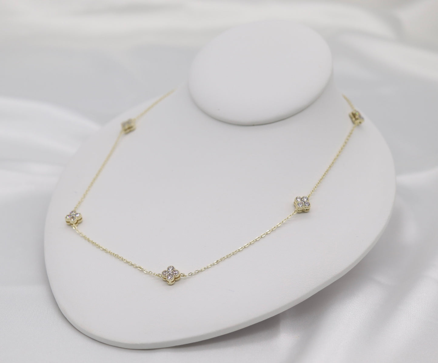 Mini CZ Clover Stations Gold Necklace - 36”