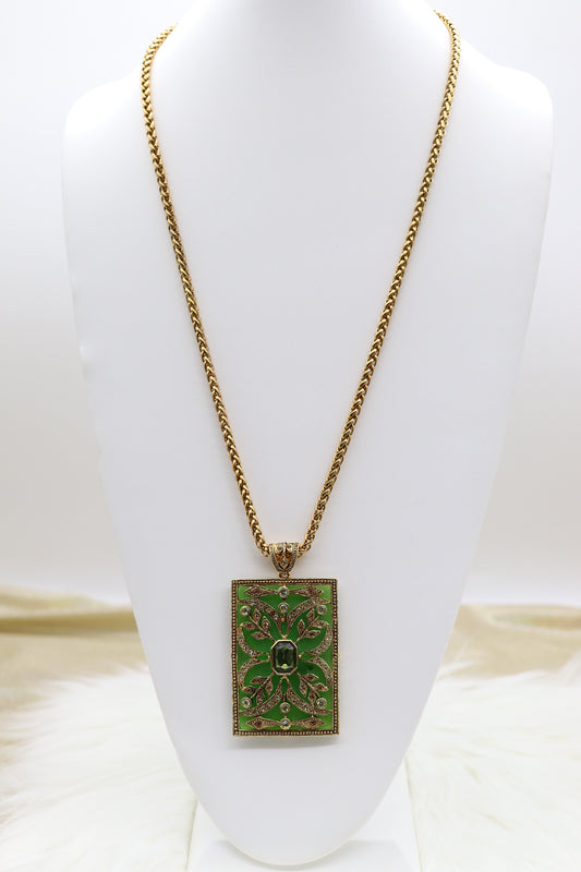 Enameled Renaissance Style With Fine Emerald Green CZ Pendant Square Necklace With Matching Earrings