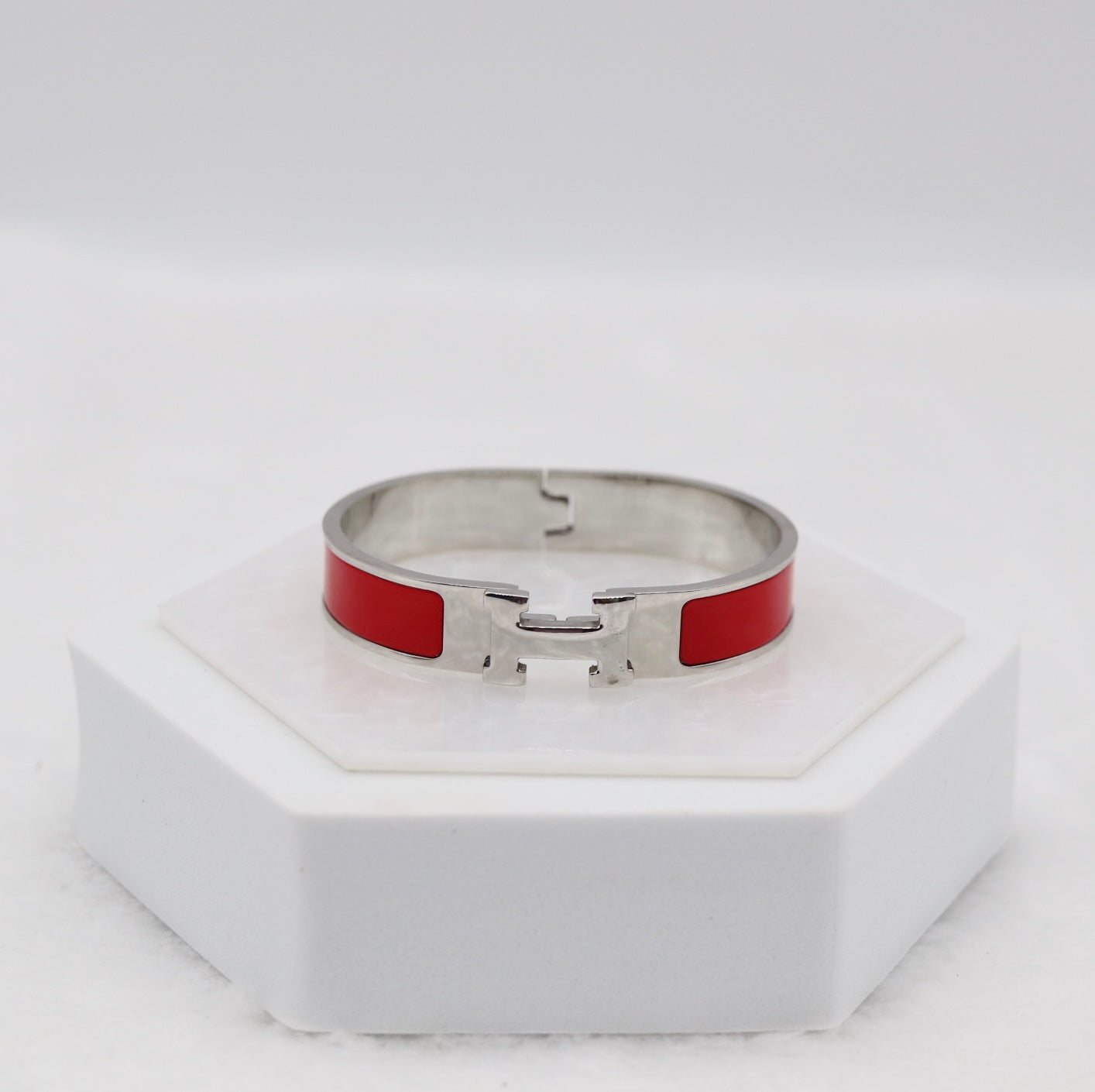 Bold Red Enamel “H” Bracelet – Silver Tone