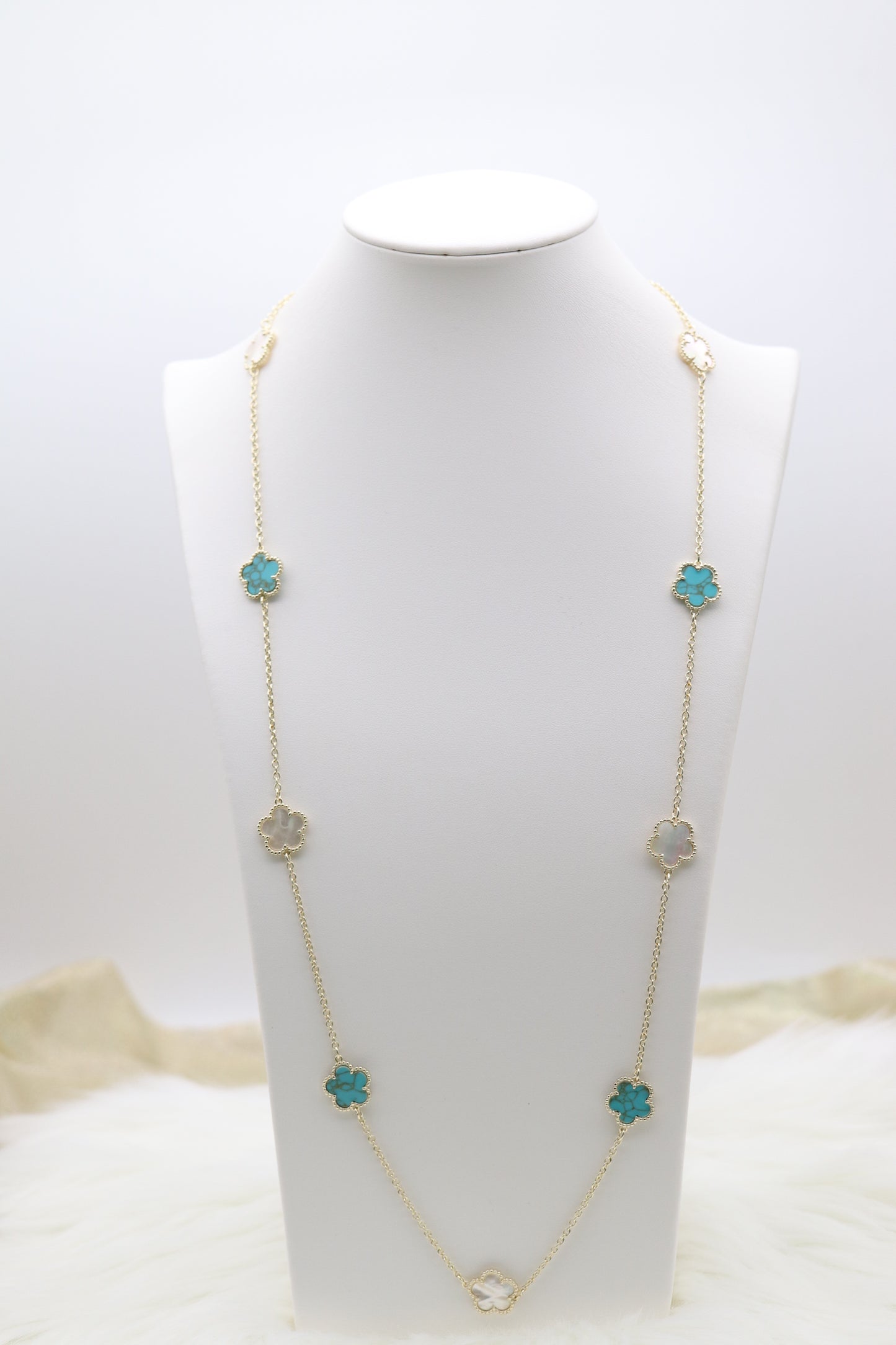 Mother of Pearl and Turquoise Five Leaf Flower Petal Pendant Necklace