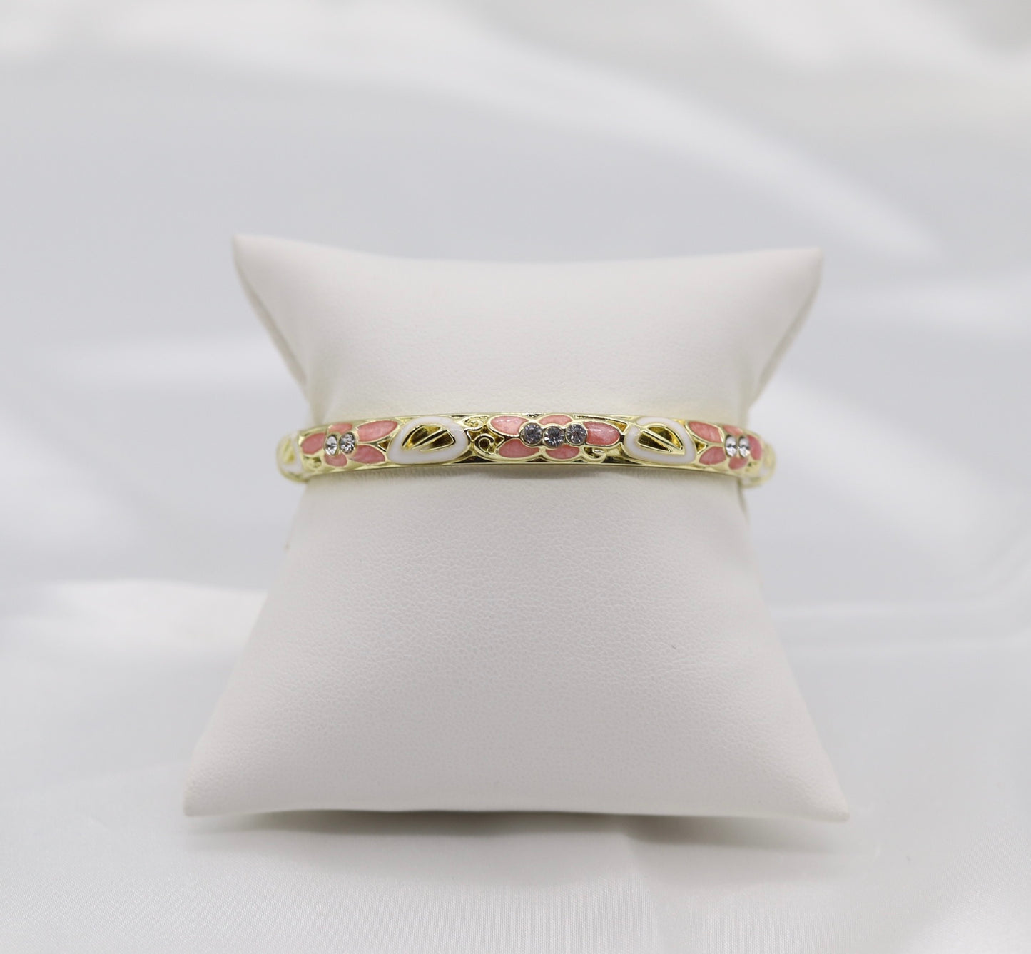 Thin Pink With CZ Station Enamel Hinged Bangle Bracelet