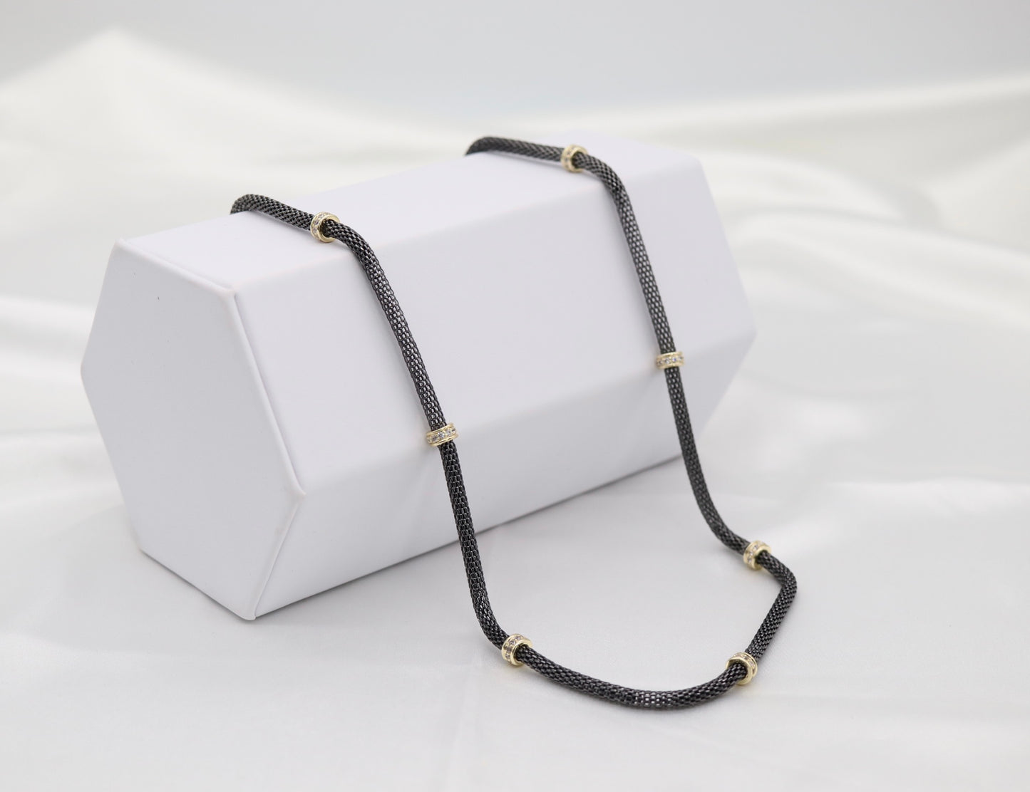 Black Mesh Necklace With Round CZ Stations
