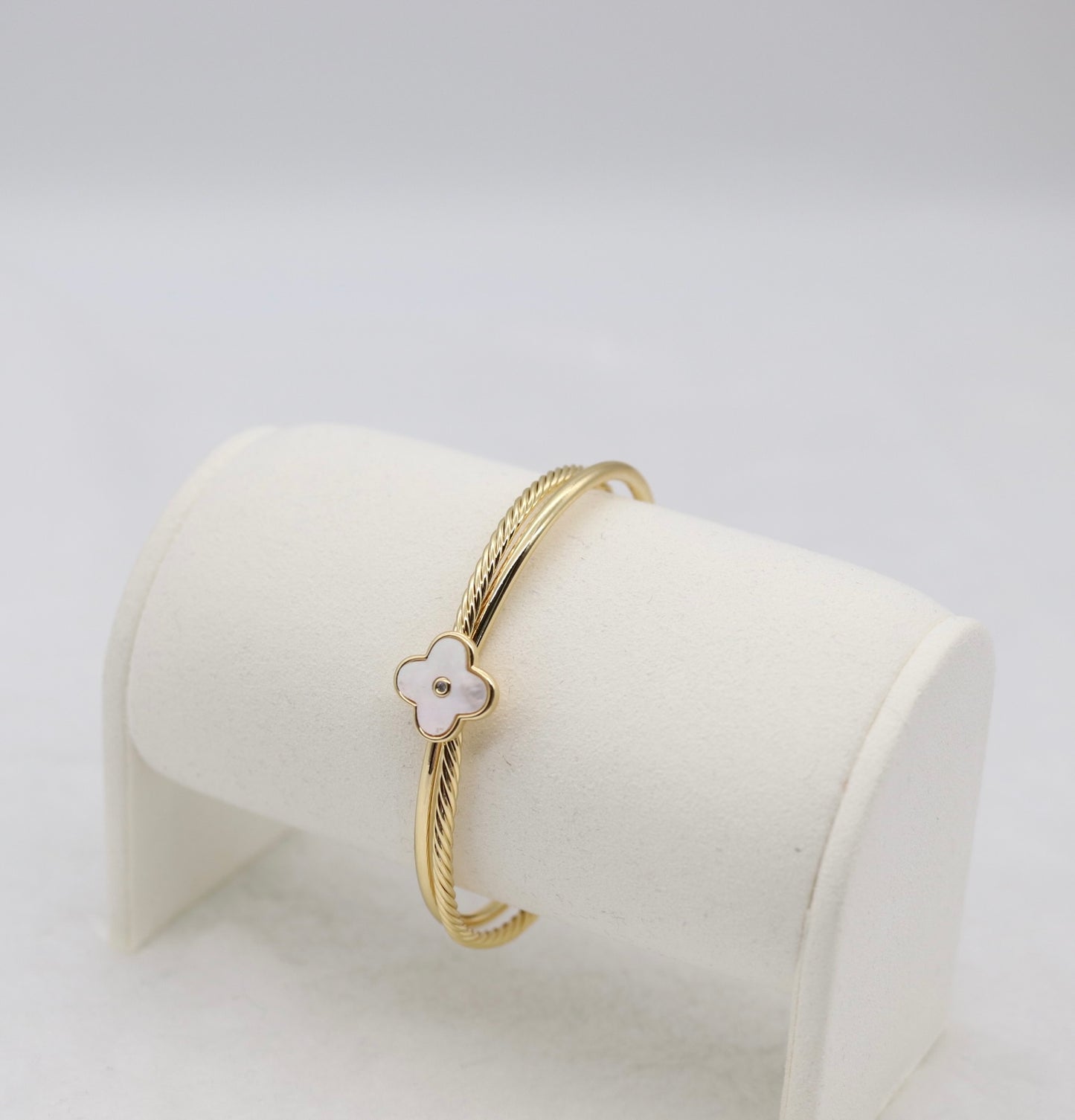 Gold Cable Cuff Bracelet with Mother-of-Pearl Clover