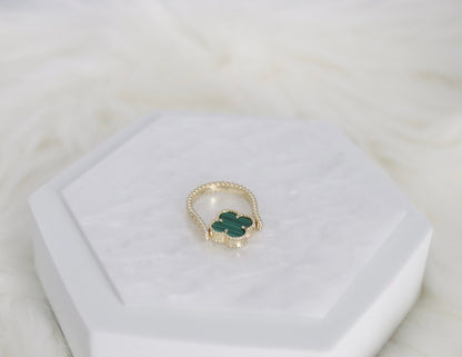 Dark Teak Green Clover Gold Reversible Ring - Size 8