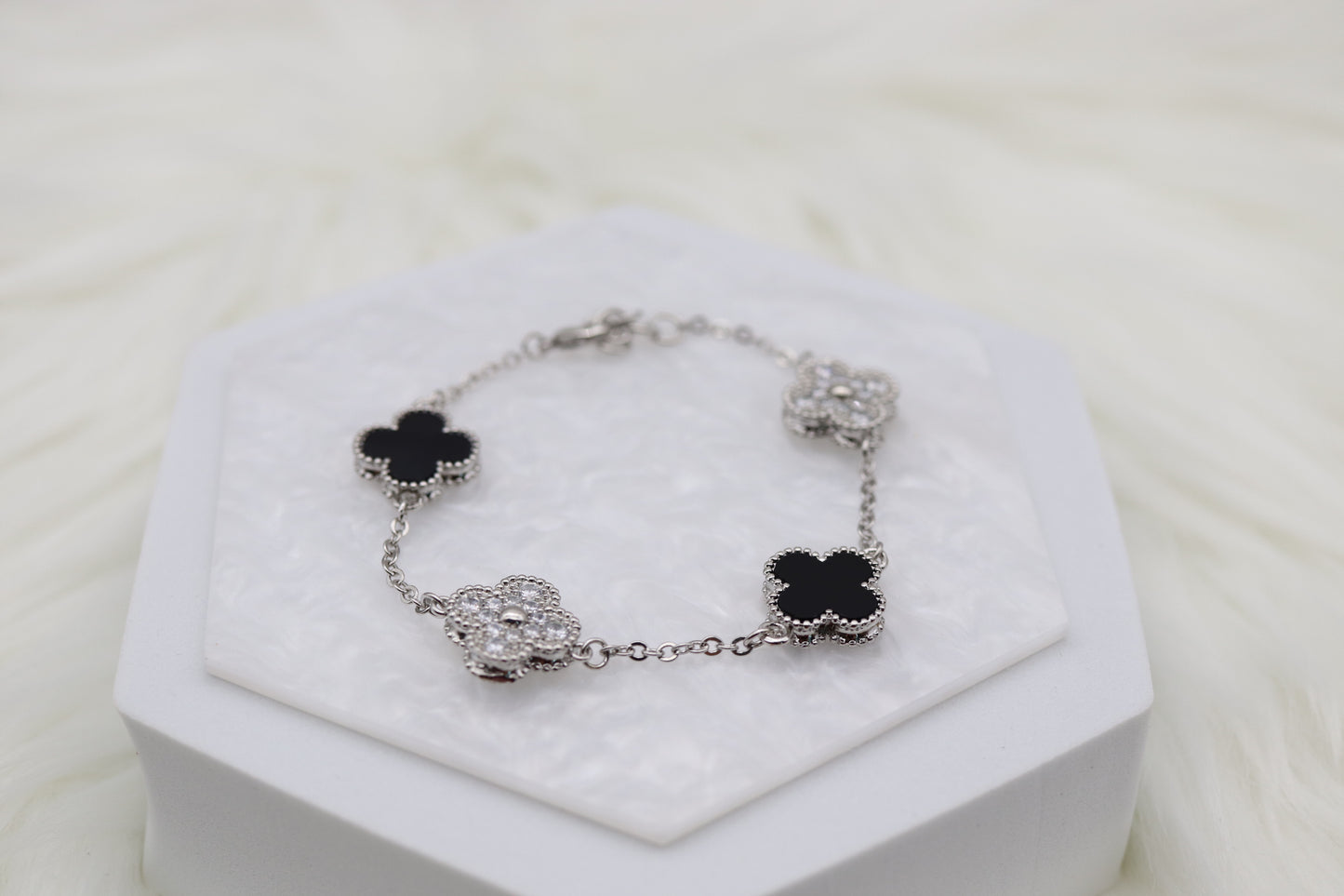 Double Sided Black and Silver Clover Bracelet