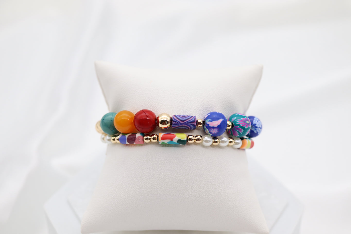 Gold Glass Bright Fimo Clay Bead Bracelet Set