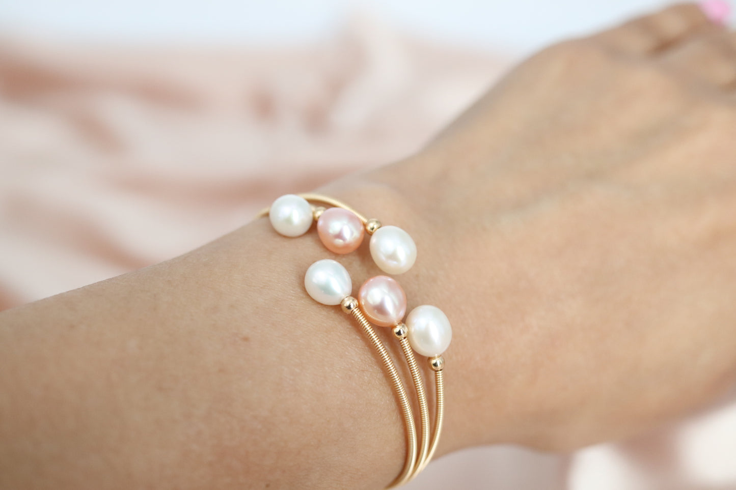 Six Fresh White and Light Pink Water Pearls with Gold Filled Wiring