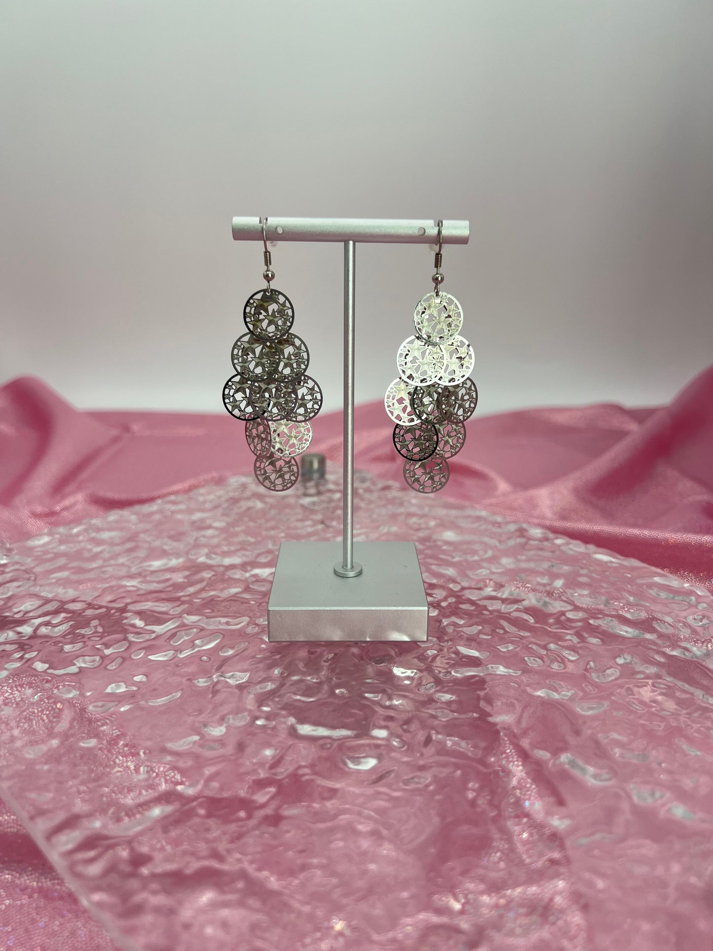 Bohemian Multi Layered Filigree Cut Out Star Circles Dangle Drop Long Statement Earrings, Silver