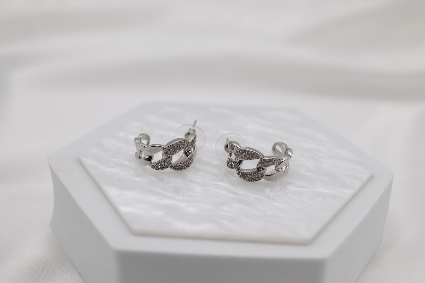 Silver CZ Chain Huggie Earrings