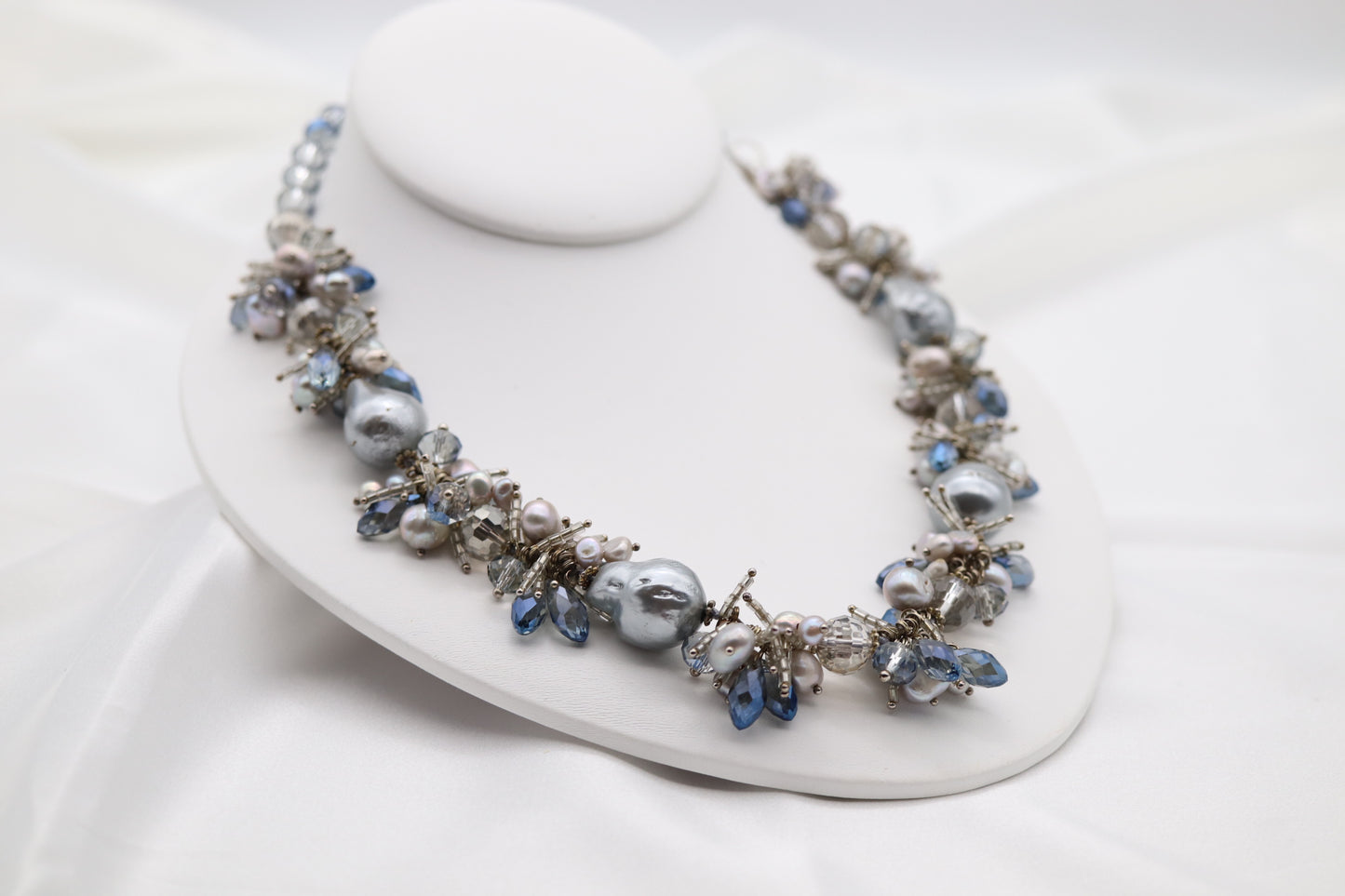 Faceted Blue Crystals With Light Blue Pearls Necklace