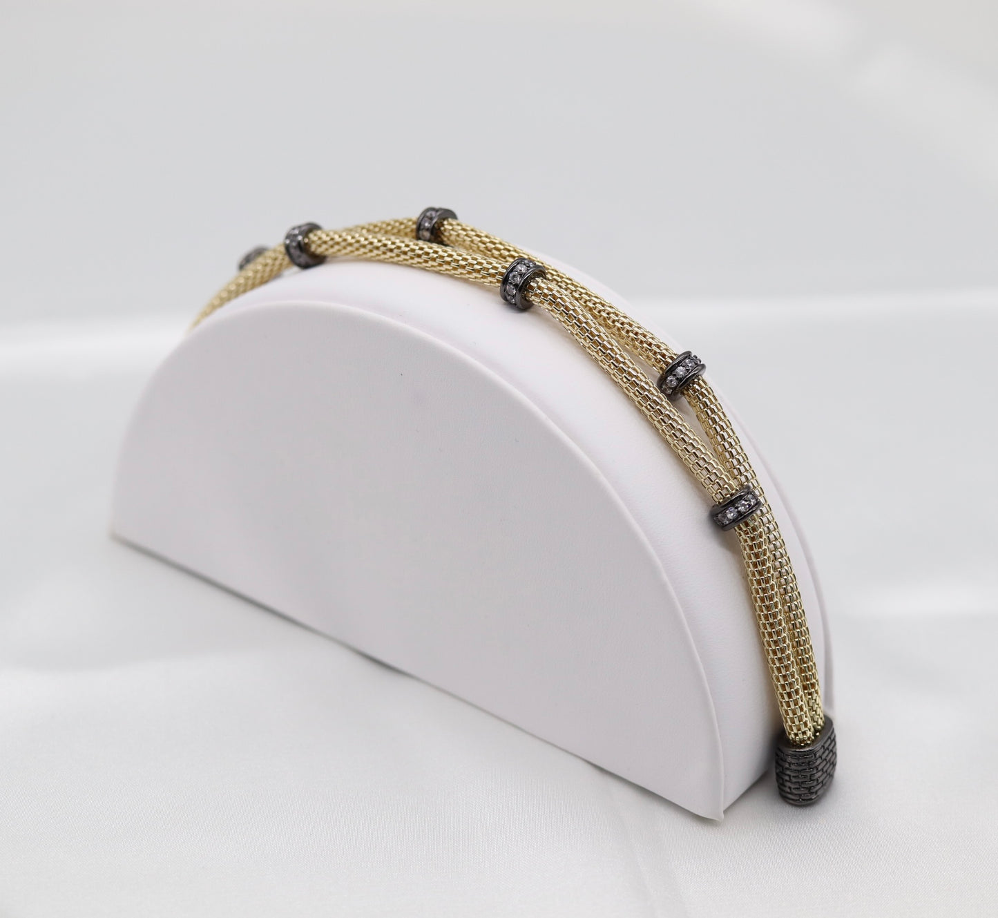 Gold Mesh-Chain Bracelet with Round Black Trim CZ Stations