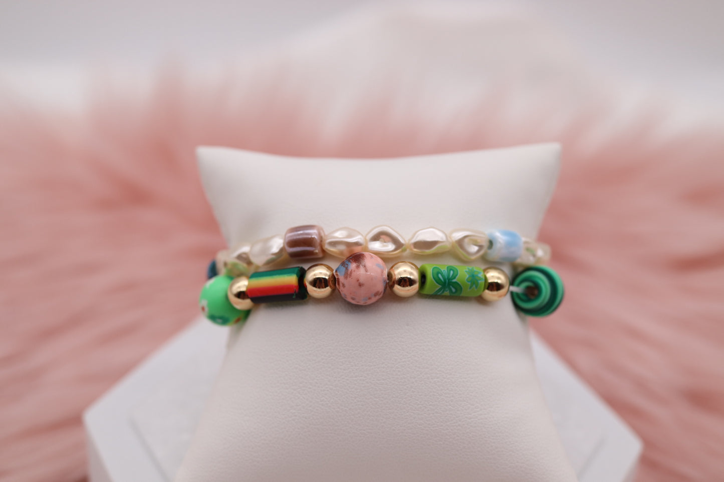 Gold Glass and Fimo Clay Bead Bracelet Set