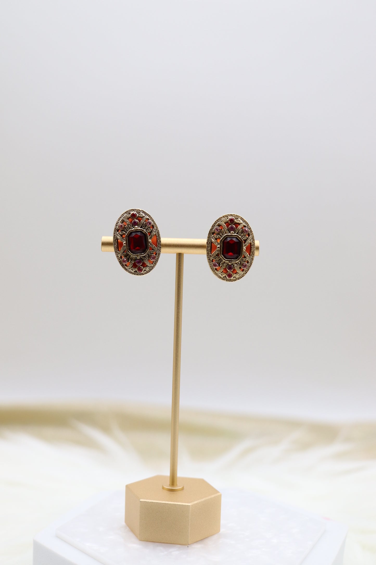 Enameled Renaissance Style With Fine Ruby Red CZ Pendant Oval Necklace With Matching Clip On Earrings