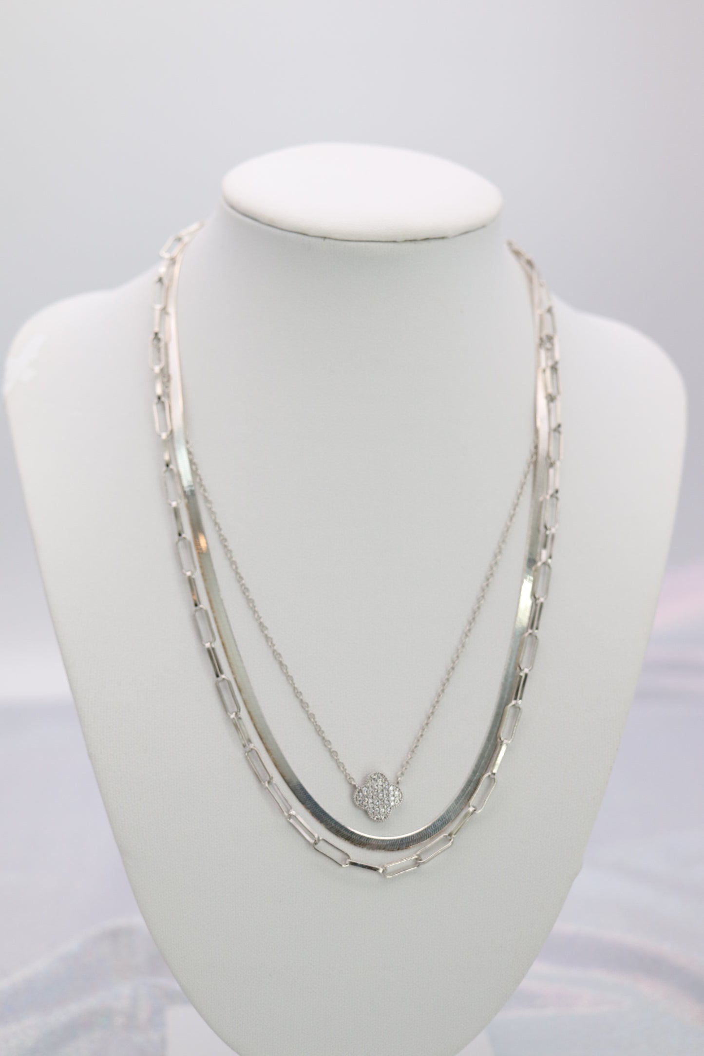 Triple Silver Layered Necklace with CZ Pave Clover Pendant