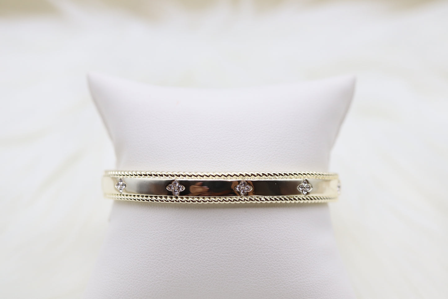 Gold Hinge Bangle Bracelet With Trim CZ Clover Stations