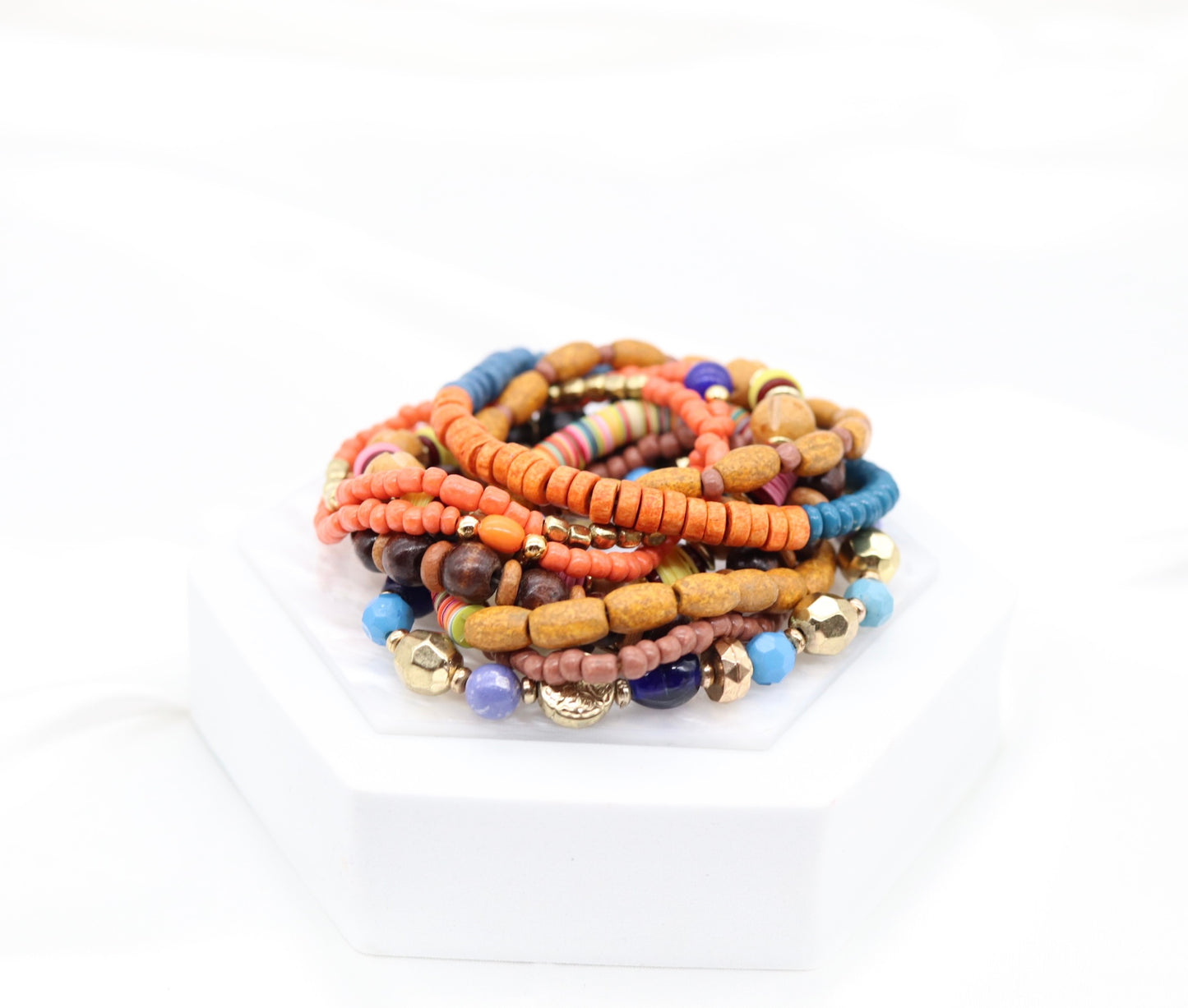 Brown, Yellow, Blue Boho Stacking Bracelet Set