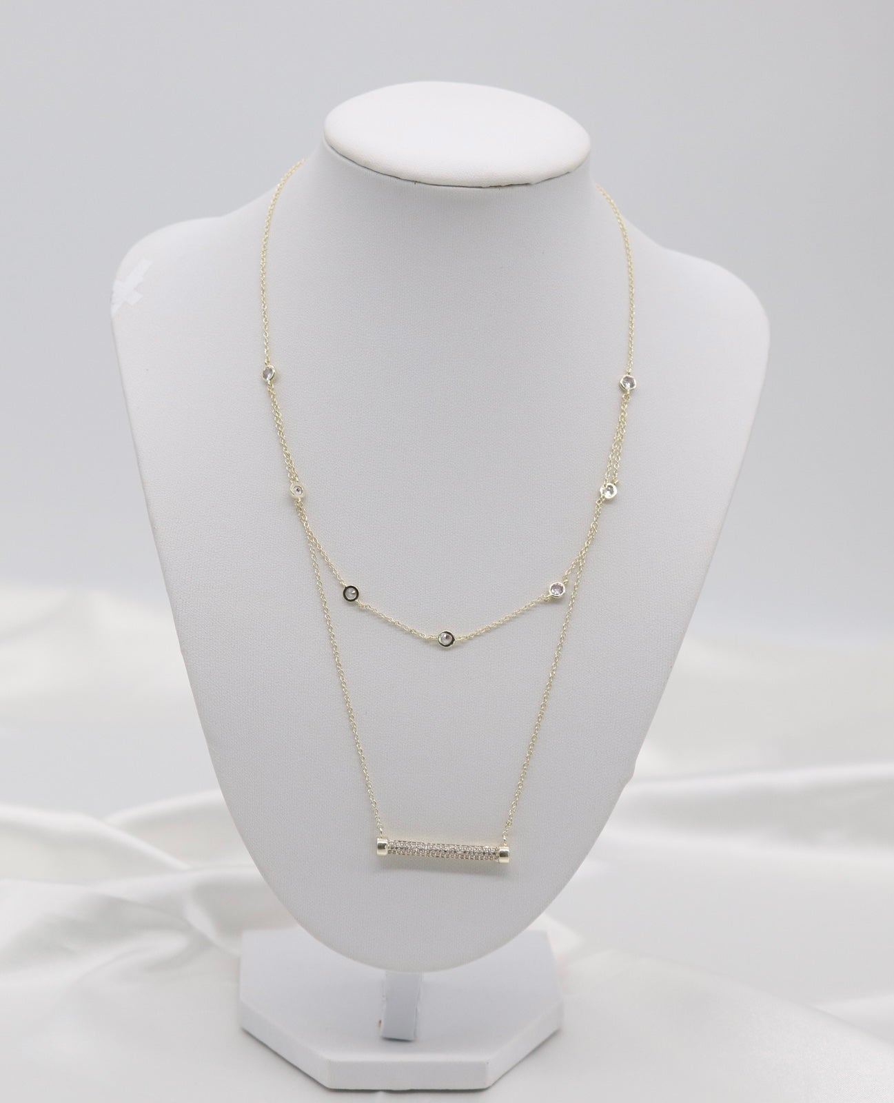 Layered Bezel Set Station Necklace With Paved CZ Bar Pendant