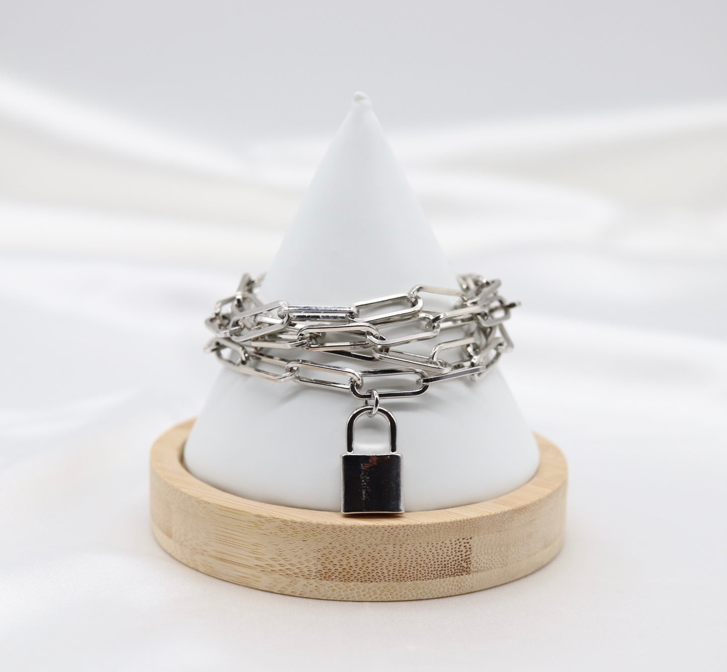 Beautiful Multi-Layer Silver Paperclip Chain Bracelet with Dangling Lock and Magnetic Clasp