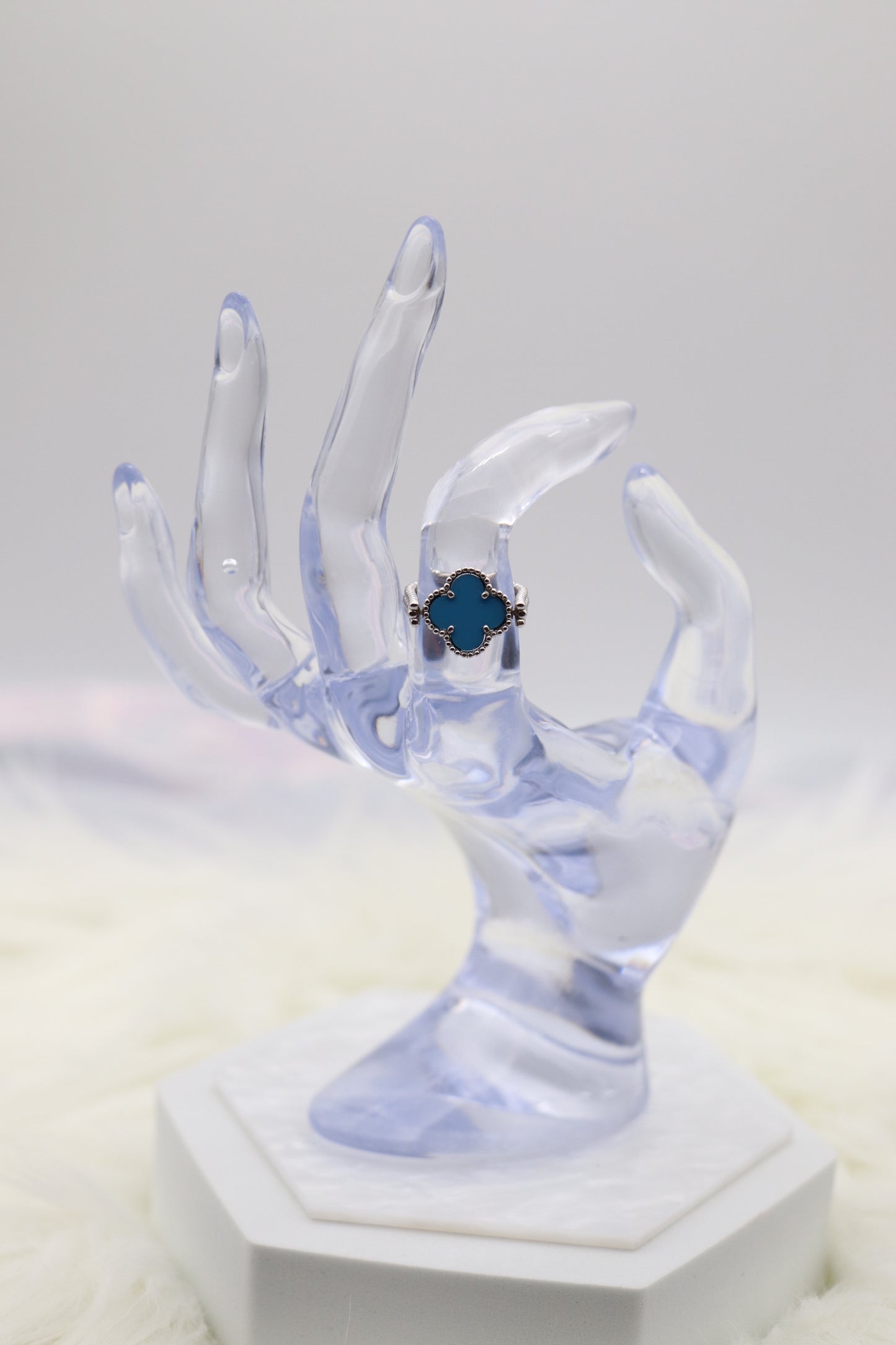 Light Blue Clover Silver Reversible Ring - Size 6